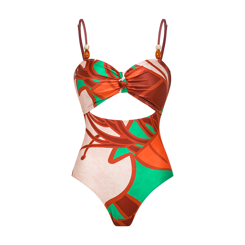 Sling Cut Out Artificial Stone One Piece Swimsuit and Sarong Flaxmaker