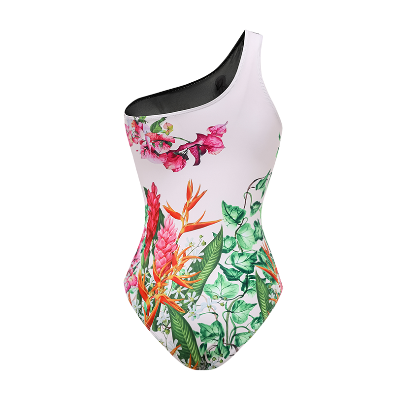 Sequin Embroidered Bird One Shoulder Printed One Piece Swimsuit and Sarong or Skirt Flaxmaker