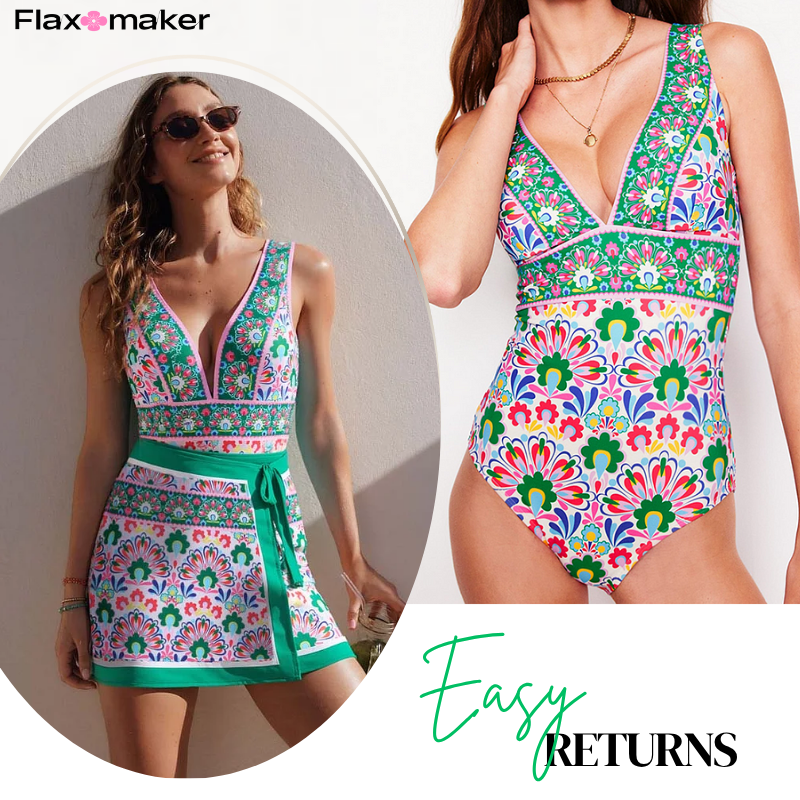 V Neck Printed One Piece Swimsuit and Skirt