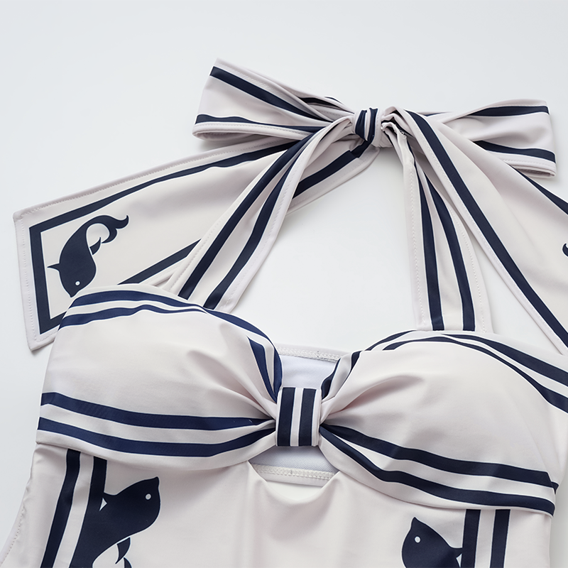 Navy Style Printed Bow Tie Decor One Piece Swimsuit and Skirt