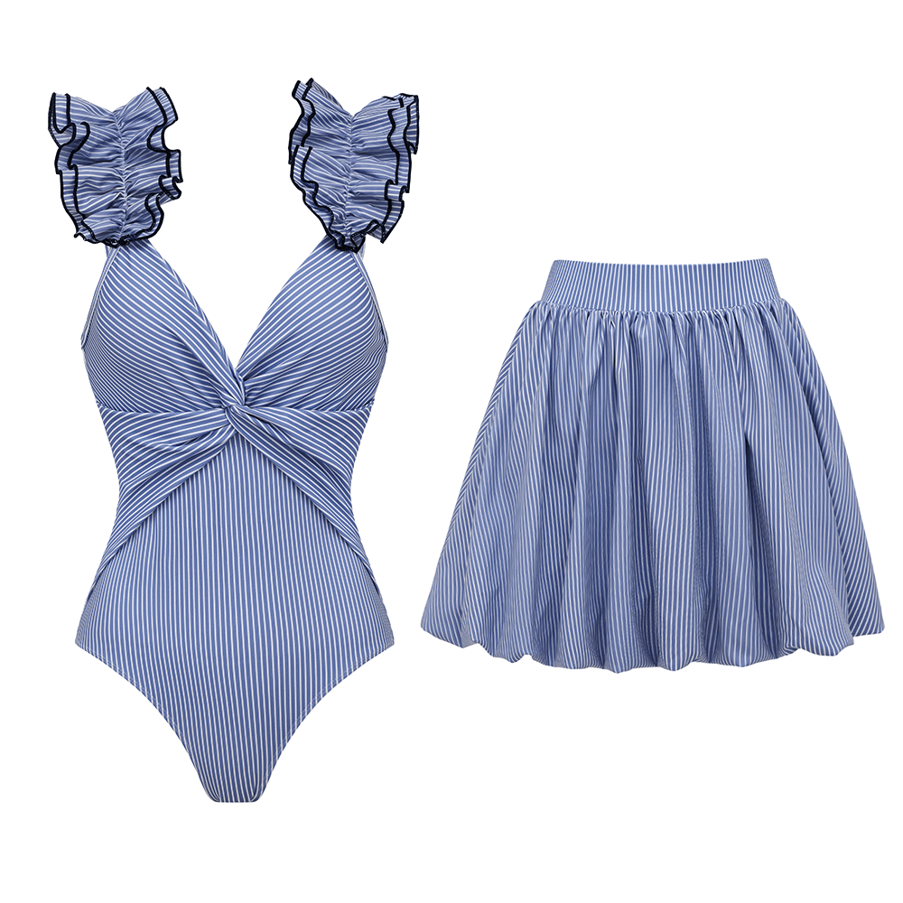 Adjustable Shoulder Strap Double Ruffle Blue Stripes Print One Piece Swimsuit and Skirt