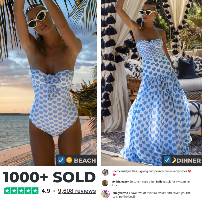 Bowknot Heart Print One Piece Swimsuit and Skirt