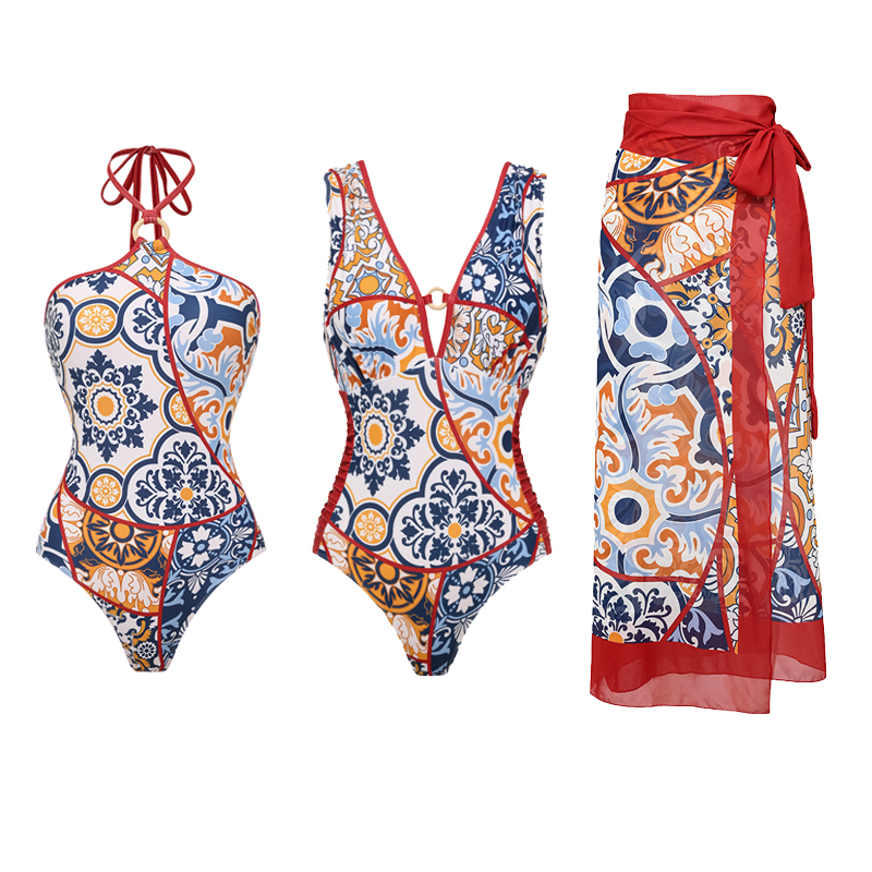 Printed Halter One Piece Swimsuit and Sarong Flaxmaker