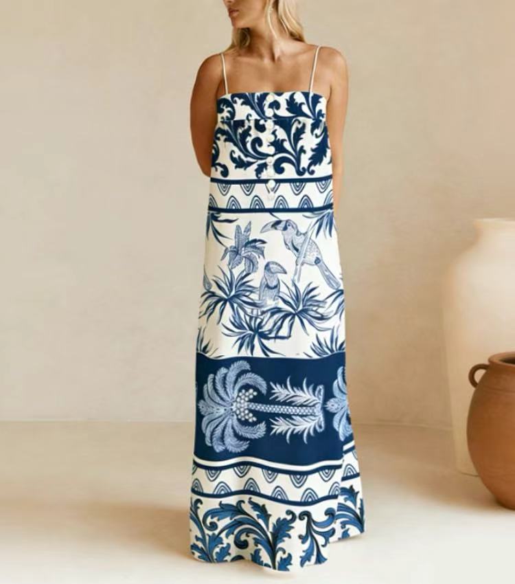Blue Palm Print Midi Dress