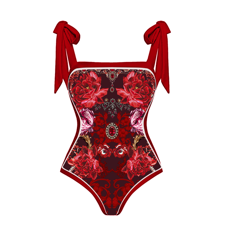 Bowknot Tie-shoulder One Piece Swimsuit and Skirt Flaxmaker