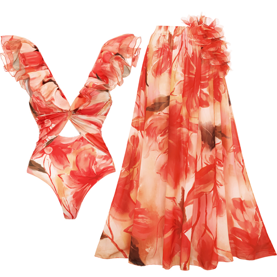 Ruffle Shoulder Flower Print One Piece Swimsuit and Skirt