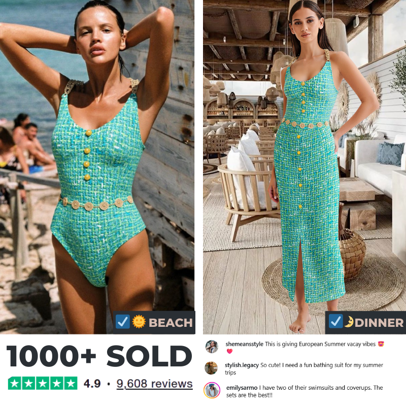 Tweed Print Metal Buckle One Piece Swimsuit and Skirt