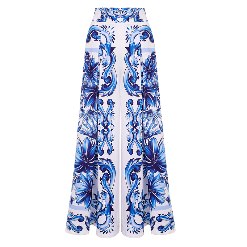 Ruffle V Neck Blue Majolica Print High Waist Bikini Swimsuit and Skirt or Pants