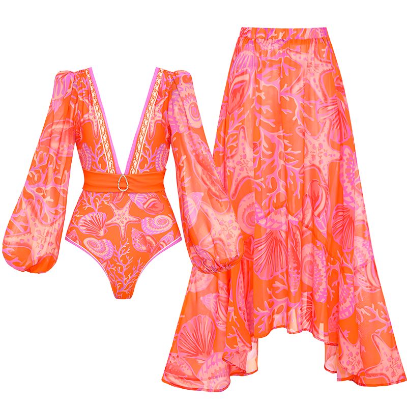 Long-sleeved V Neck Marine Plant Pattern Print One Piece Swimsuit and Skirt