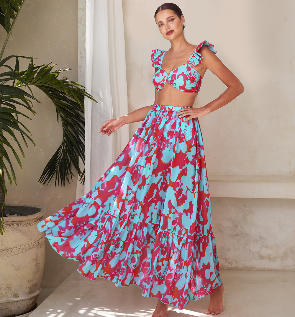 Printed Ruffle Bikini Swimsuit and Skirt