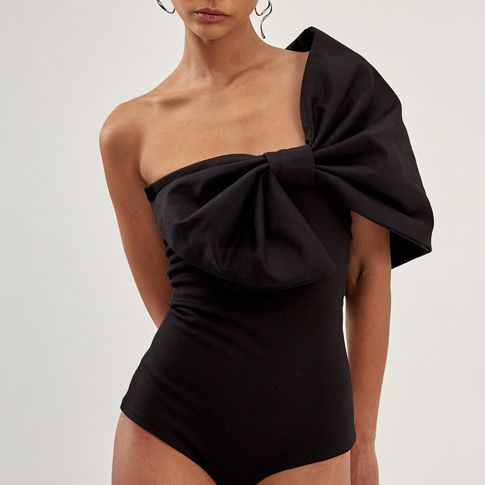 One Shoulder Bow Design Black One Piece Swimsuit and Skirt Flaxmaker