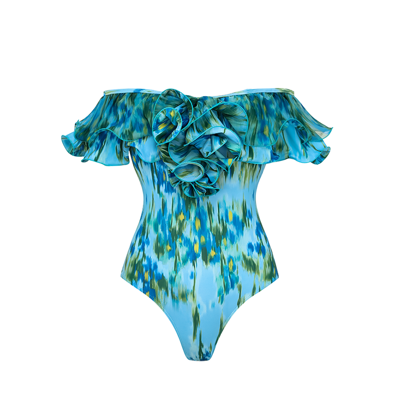Removable Shoulder Strap Off Shoulder Ruffle Abstract Pattern Print One piece Swimsuit and Skirt