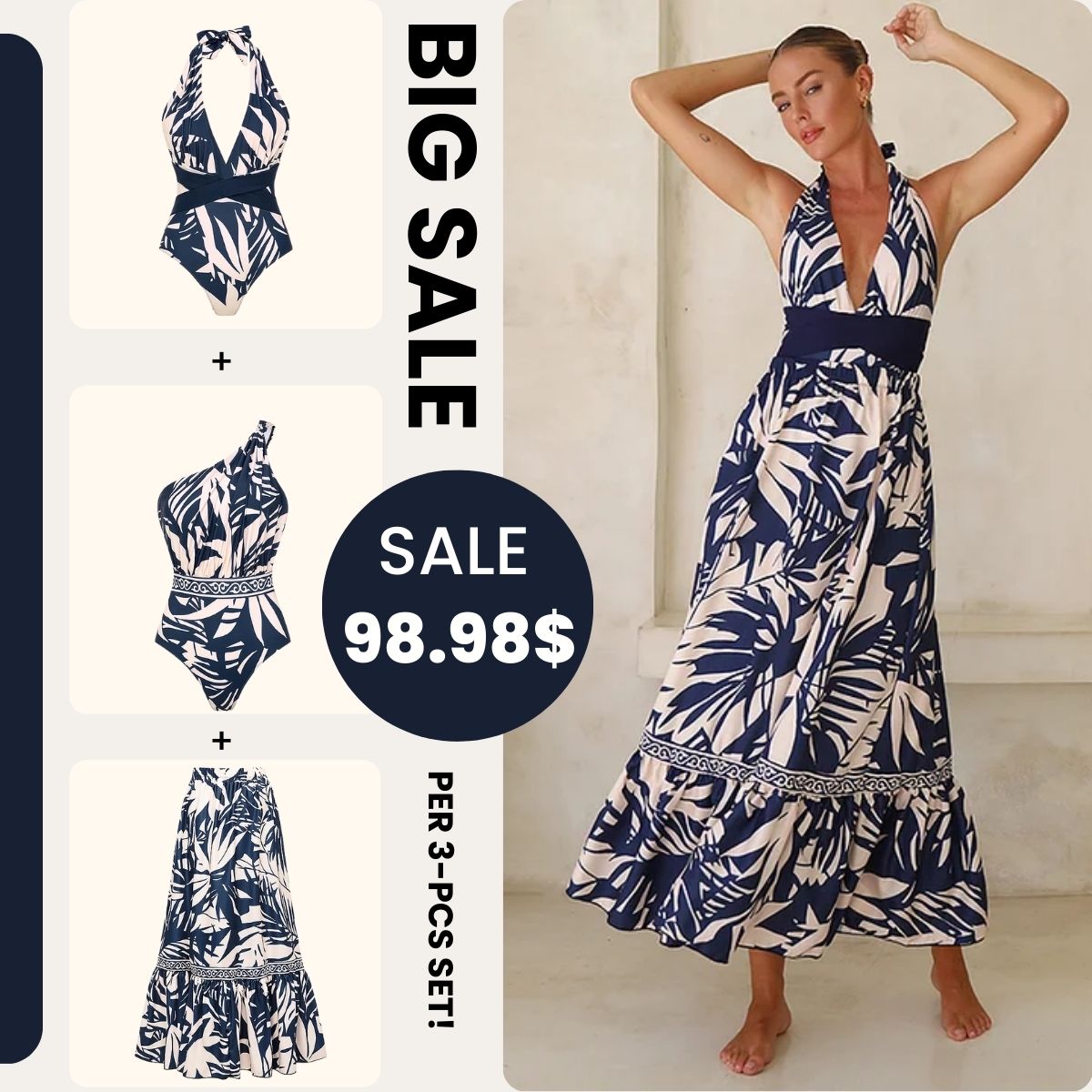 V Neck Leaves Print One Piece Swimsuit and Pants/Skirt