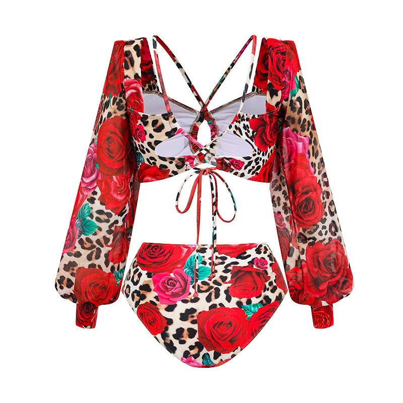 Lace Up Chiffon Long Sleeves Leopard Print High Waist Bikini Swimsuit and Skirt