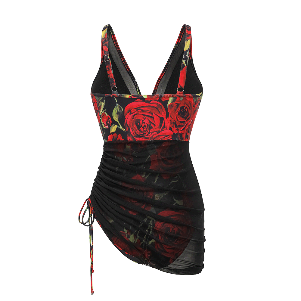 Plus Size V Neck Printed Tummy Control Slimming Mesh Sheer Swim Dress