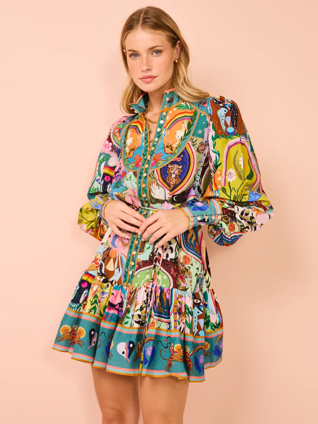 Lace up Printed Lantern Long Sleeve Mini Dress