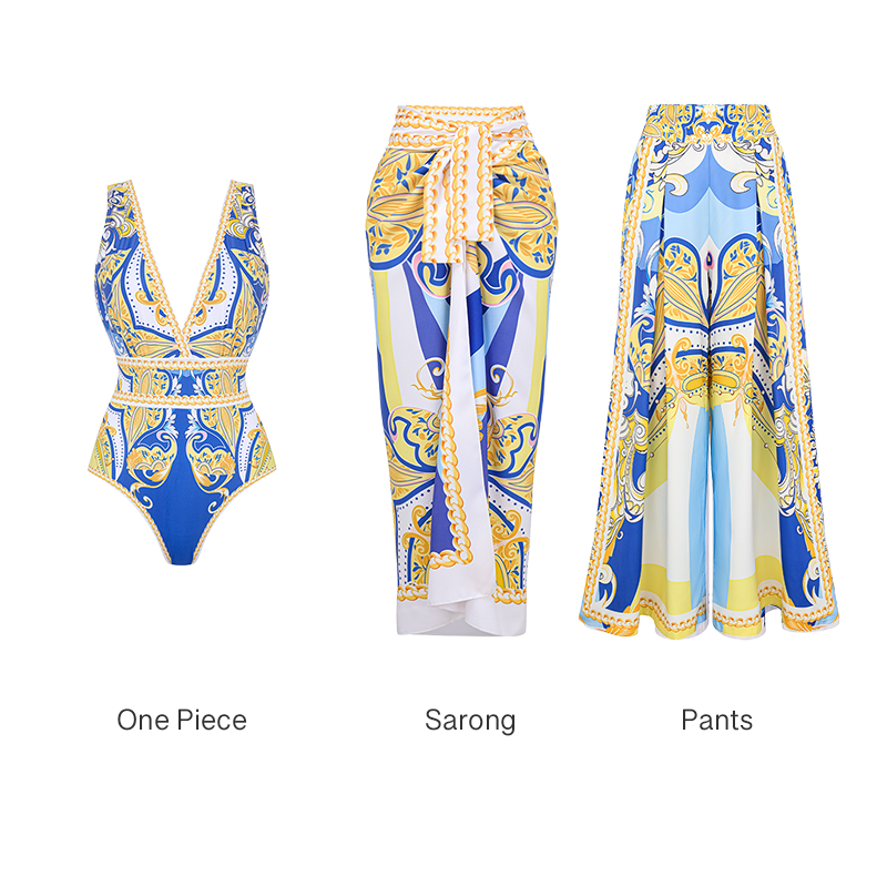 V Neck Pattern Print One Piece Swimsuit and Sarong or Pants