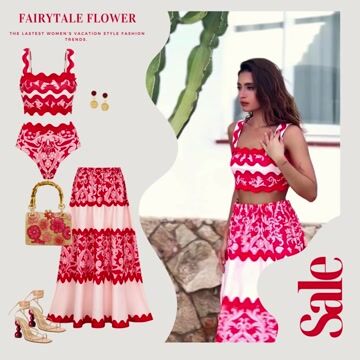 Red Wavy Stripes Printed Bikini Swimsuit and Skirt