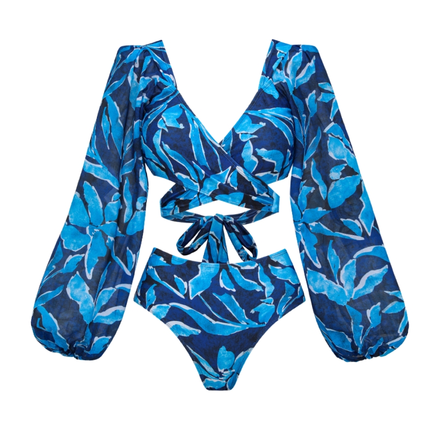 Long-sleeved Back-Tie Design Printed Bikini Swimsuit and Skirt