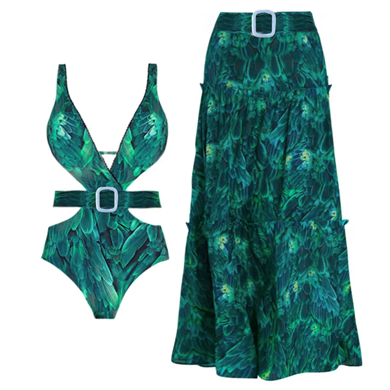 V Neck Cut Out Feather Printed Swimsuit and Skirt Flaxmaker