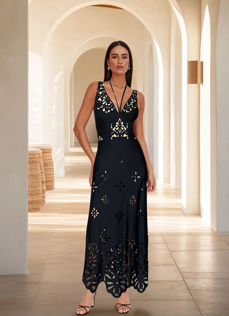 Black V Neck Laser Cutting Flower Hollow One Piece Swimsuit and Skirt