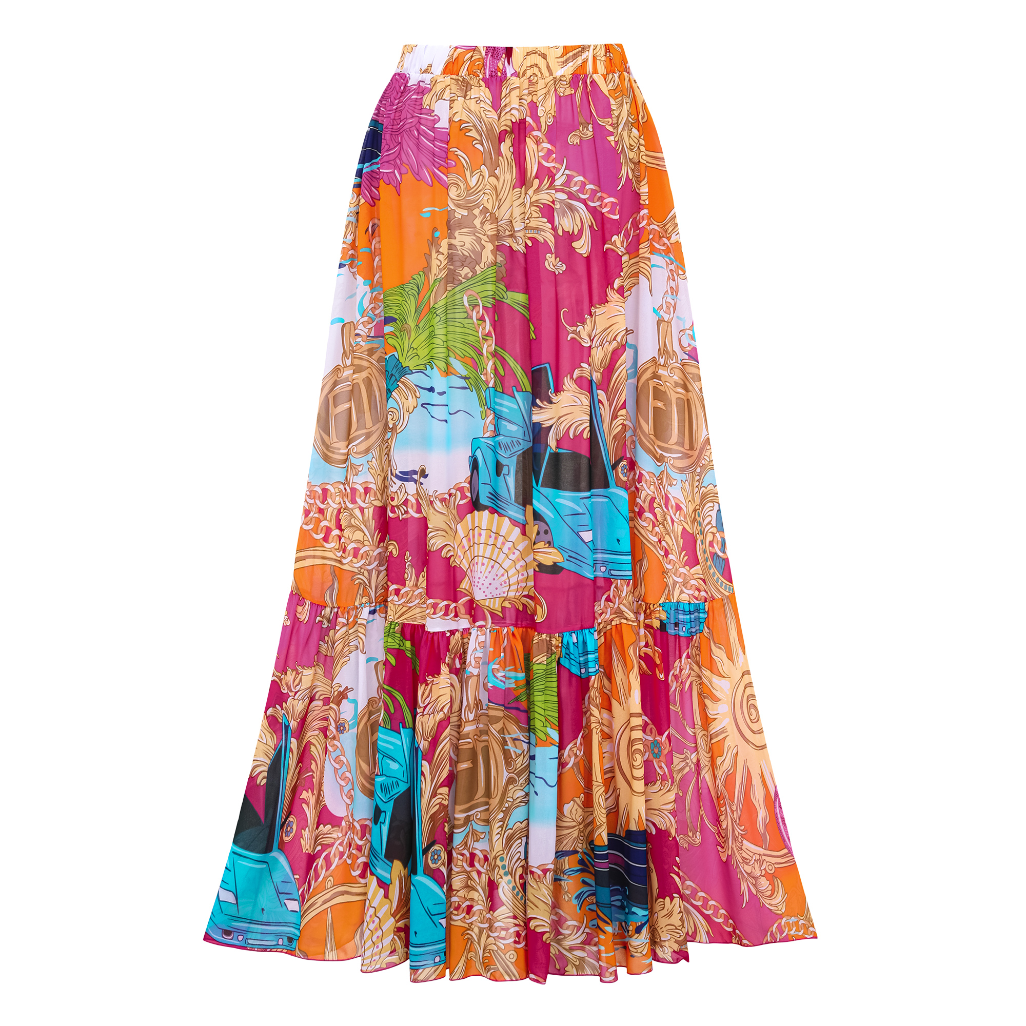 Long Sleeve Shell Chest Pad Printed One Piece Swimsuit and Skirt