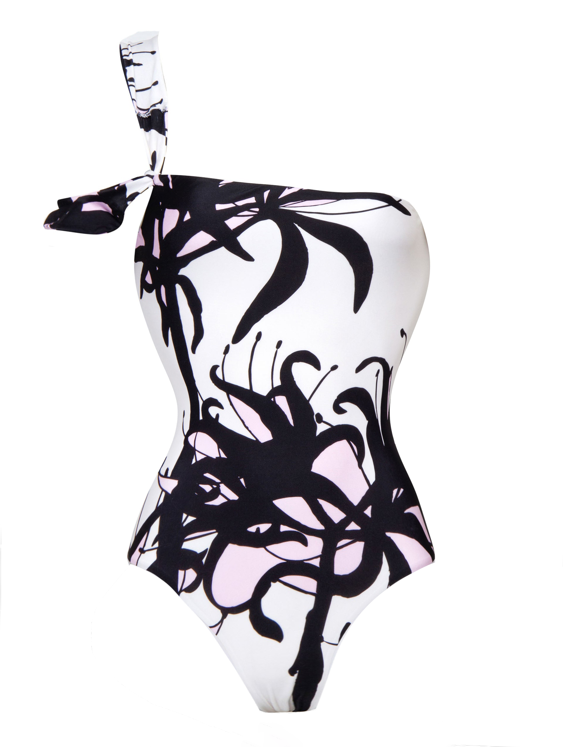 One Shoulder Black and White Blossom Print One Piece Swimsuit and Pants