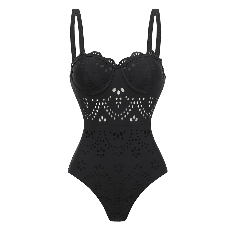 Black Laser Cut Hollow One Piece Swimsuit and Skirt – Flaxmakerswim