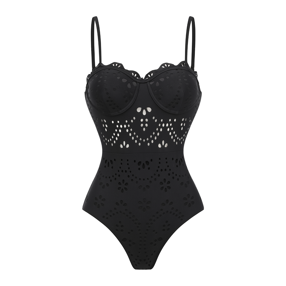 Black Laser Cut Hollow One Piece Swimsuit and Skirt