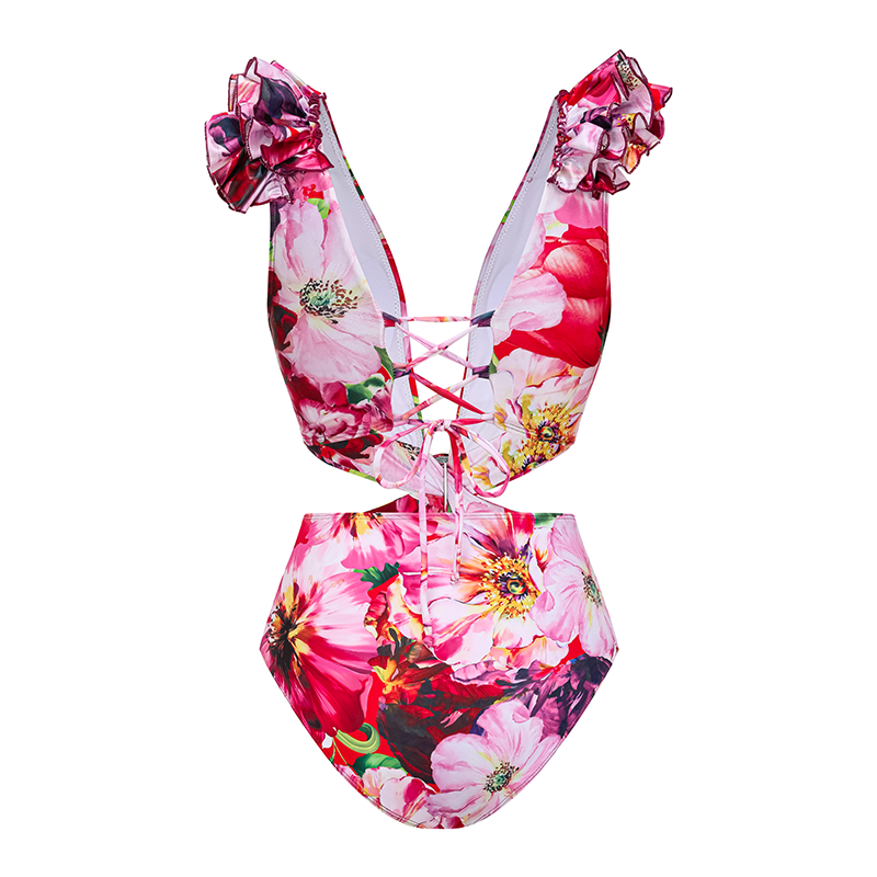 Ruffle Cut Out Floral Printed One Piece Swimsuit and Skirt