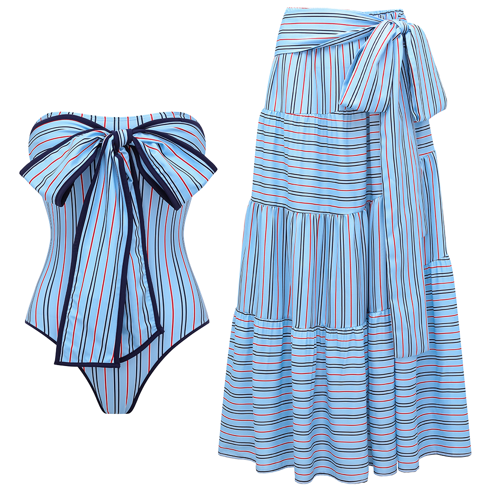 Multi-Way Striped Bow One Piece Swimsuit and Skirt