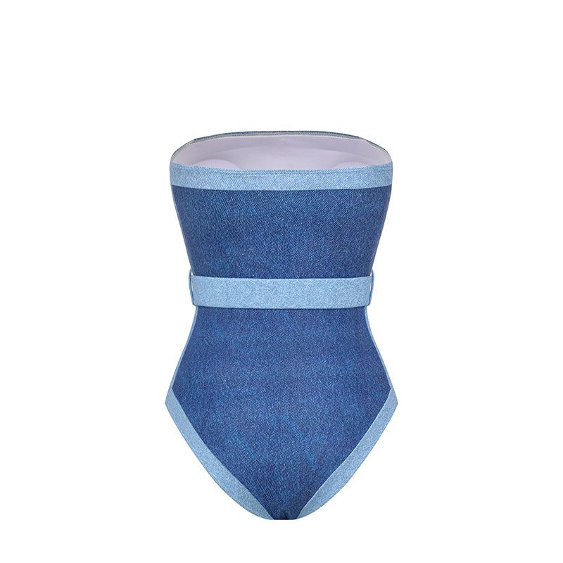 Off Shoulder Denim Pattern Print One Piece Swimsuit and Skirt