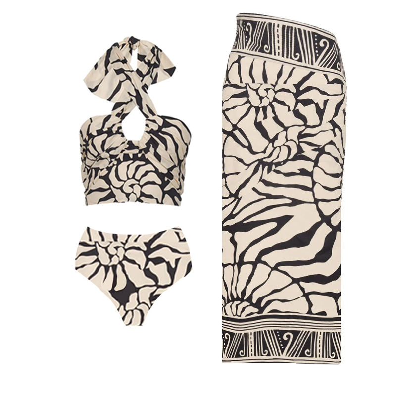 Detachable Puff Sleeves Printed High Waist Bikini Swimsuit and Skirt Flaxmaker