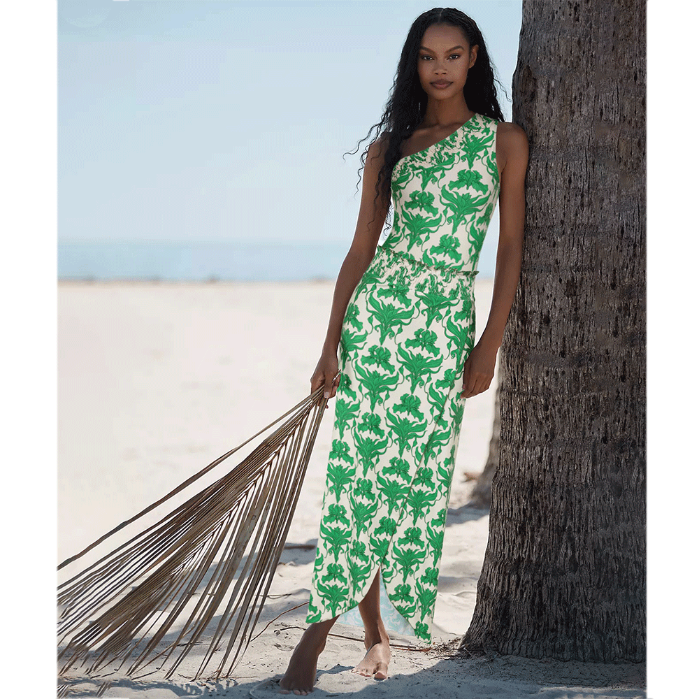 One Shoulder Shirring Iris Print One Piece Swimsuit and Skirt