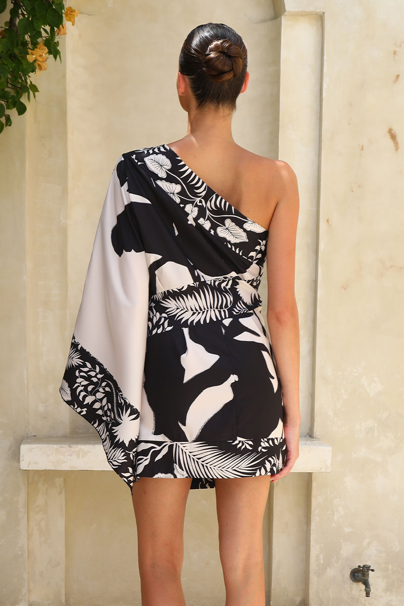 Oblique Shoulder Printed Mini Dress