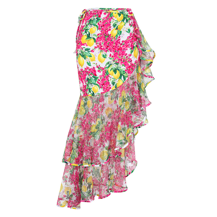 Ruffled Lemon Floral Print One Piece Swimsuit and Tiered Skirt