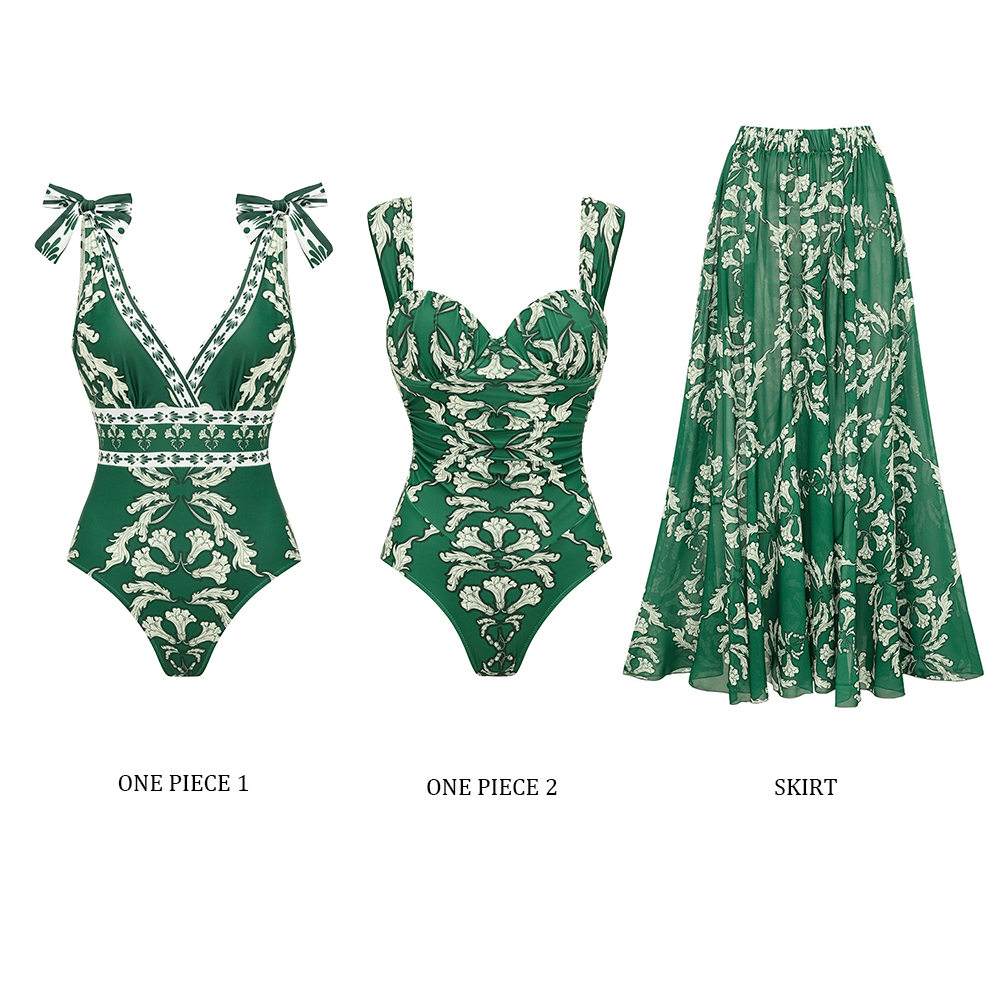 V Neck Lace Up Printed One Piece Swimsuit and Skirt