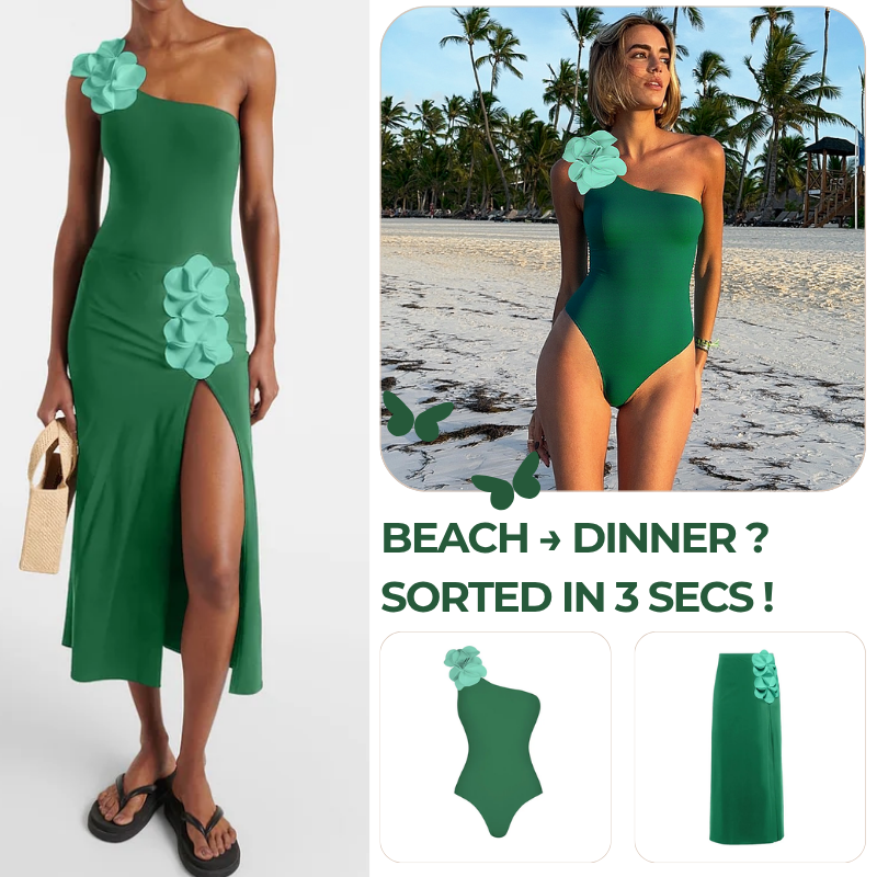 Oblique Shoulder 3D Flower One Piece Swimsuit and Skirt