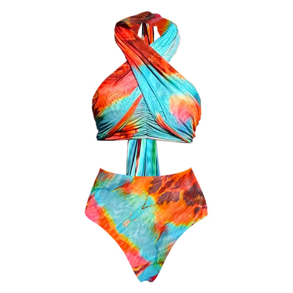 Blue-Orange Gradient Halter Neck Bikini Swimsuit and Skirt