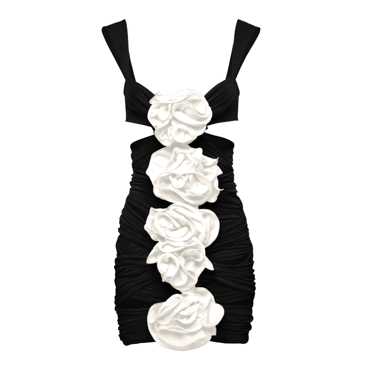 Flaxmaker Black 3D Flower Cutout One Piece Swimsuit and Skirt