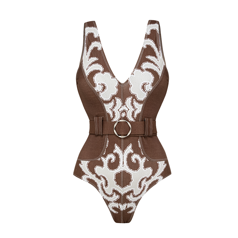 V Neck Belted Ethnic Print One Piece Swimsuit and Skirt Flaxmaker
