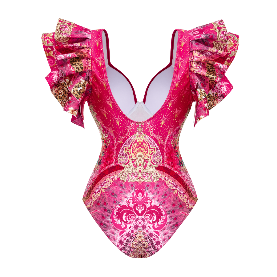 Ruffled Rose Red Blooming Flower Print One Piece Swimsuit and Skirt