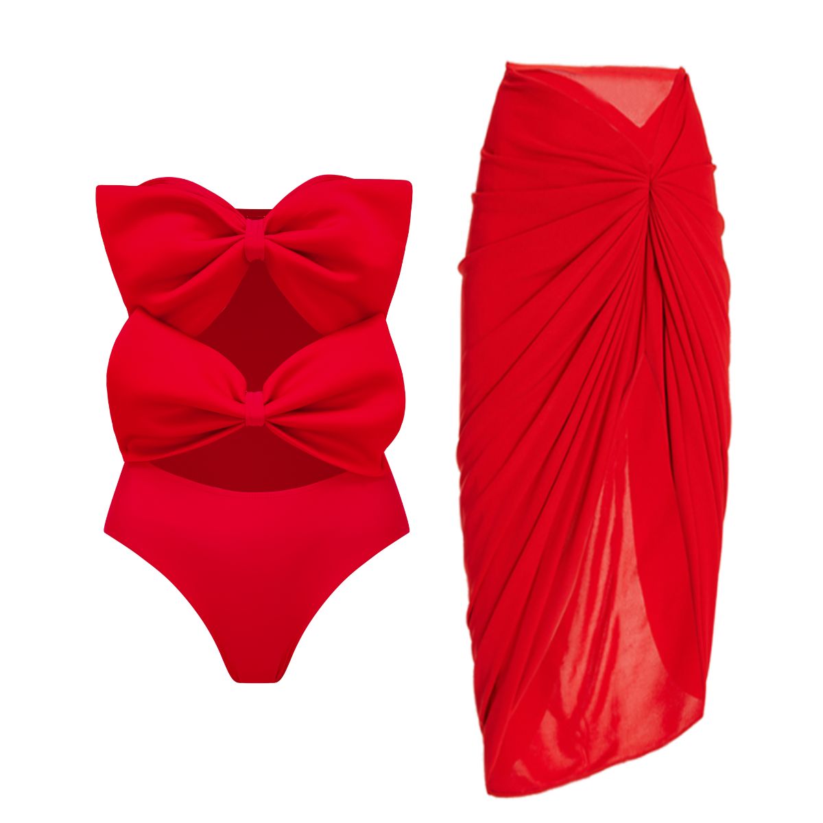 Bandeau Bowknot Cutout One Piece Swimsuit and Sarong