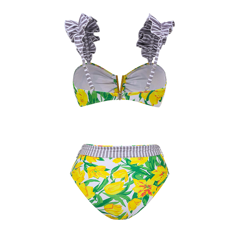 Tie Shoulder Lace Up Splicing Printed High Waist Bikini Swimsuit and Skirt