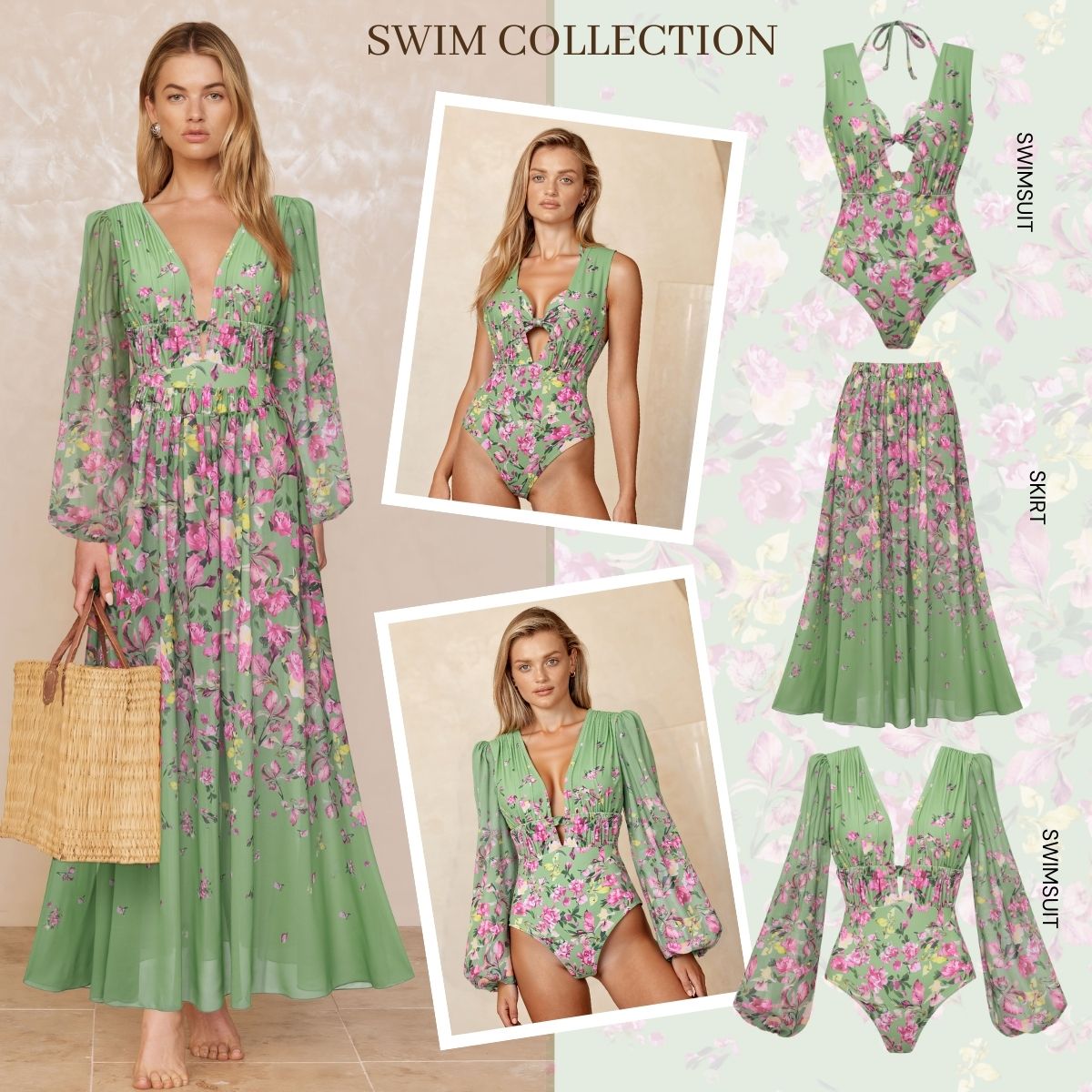 Long Sleeve Floral One Piece Swimsuit and Skirt