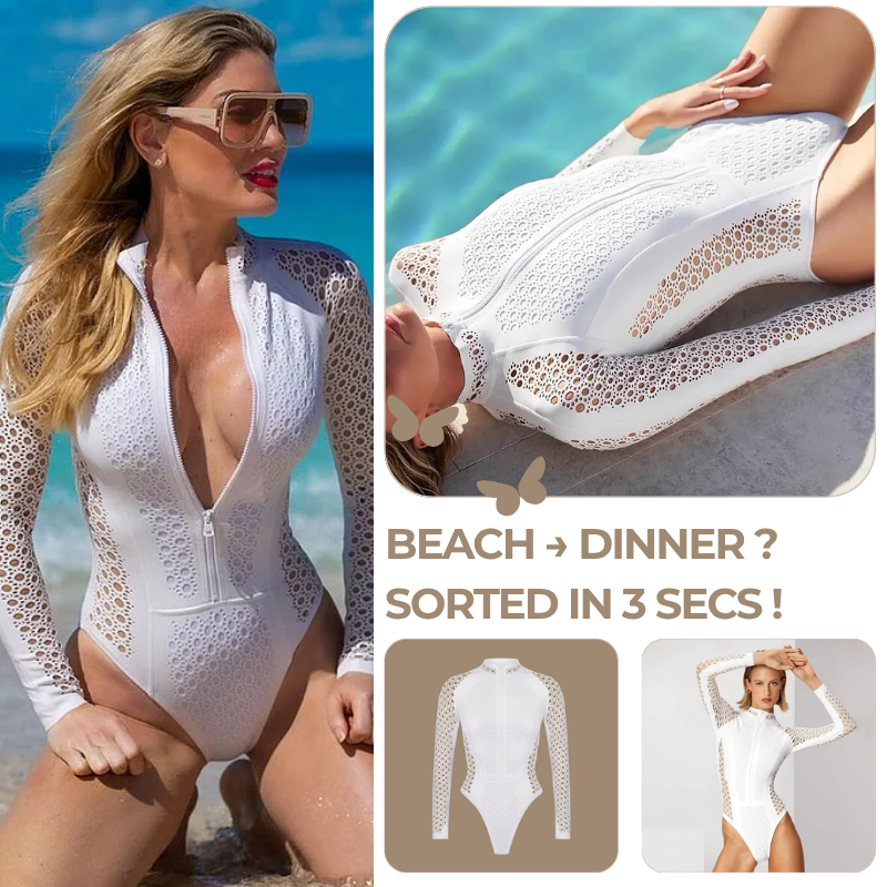 Zip Long Sleeve Cut Out White One Piece Swimsuit Surfsuit