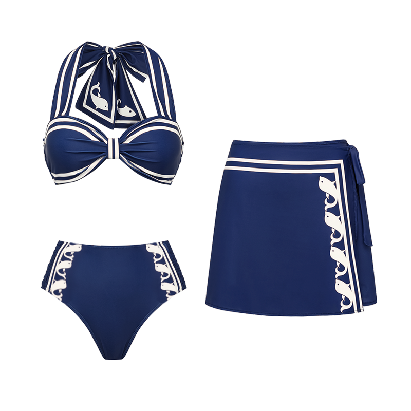 Plus Size Navy Style Printed Bow Tie Decor Bikini Swimsuit and Skirt