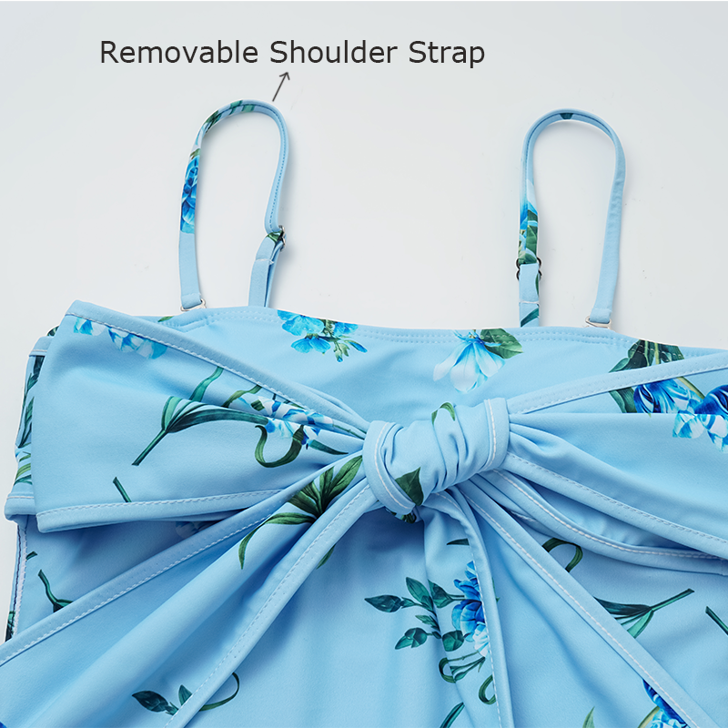 Two Ways Bowknot Floral Printed One Piece Swimsuit and Skirt