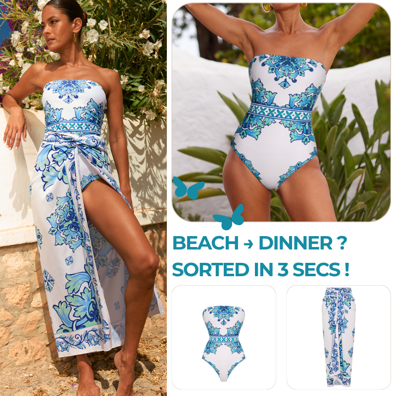 Off Shoulder Majolica Print One Piece Swimsuit and Sarong or Pants