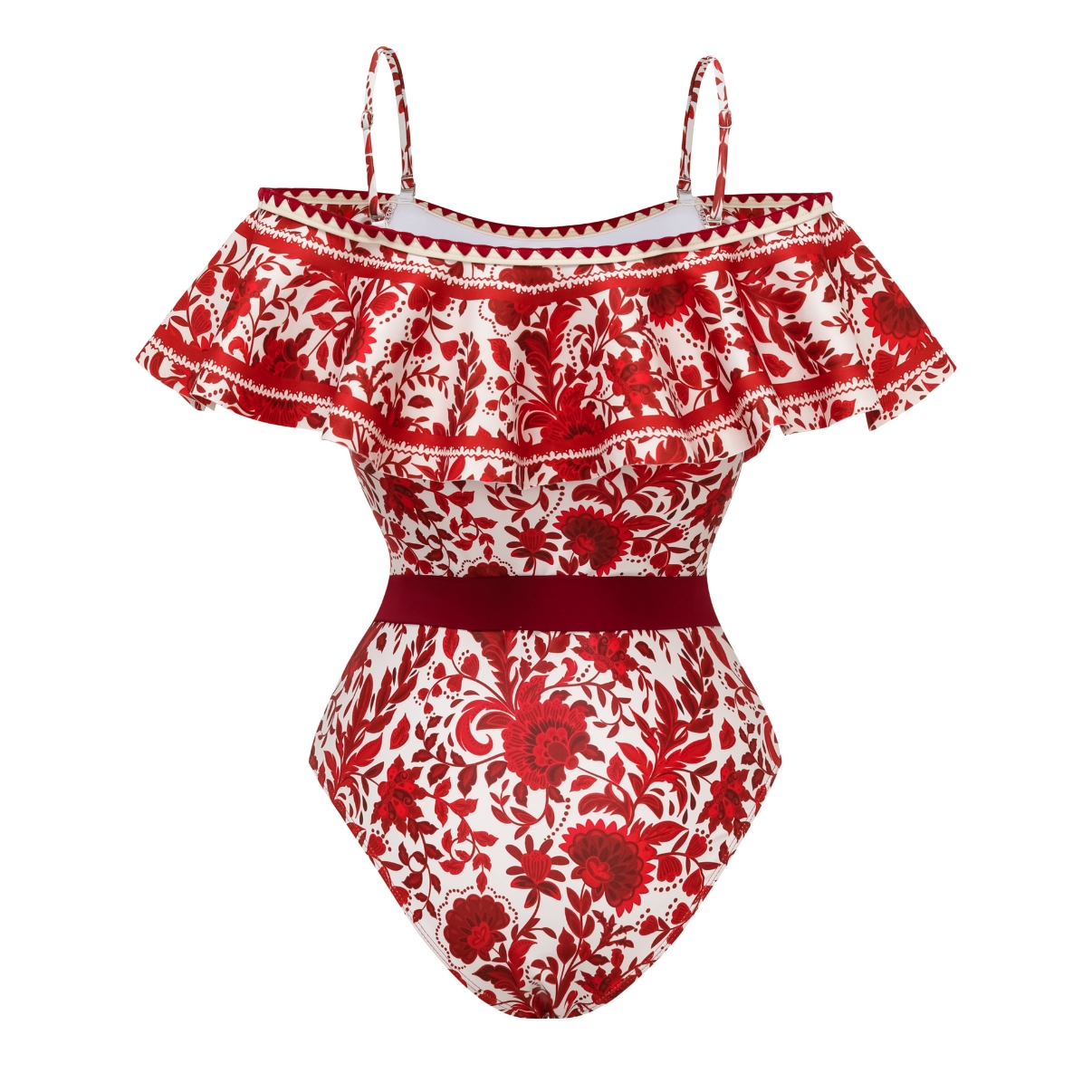 Bandeau Ruffled Red Flower Silhouette Print One Piece Swimsuit and